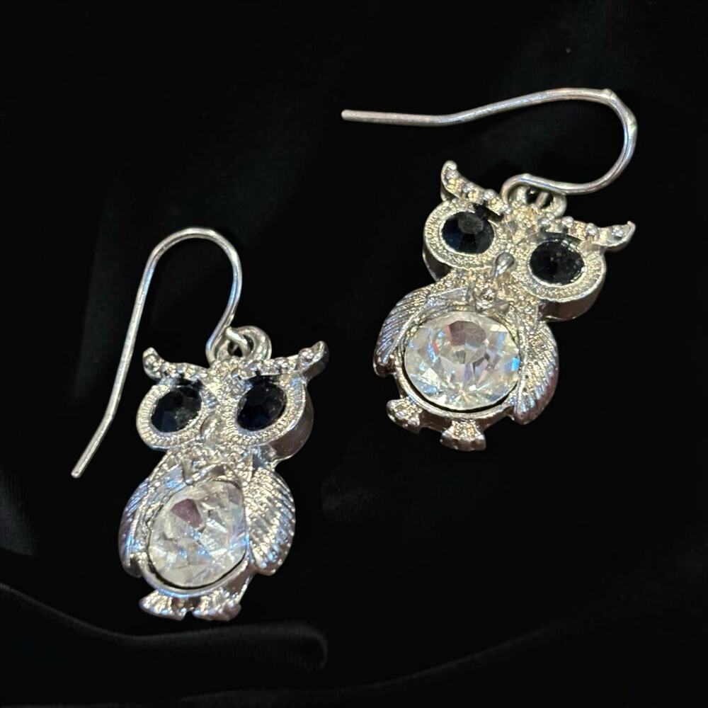Sparkly Owl Earrings Black Eyes Crystal Belly Kitsch Woodland Dangle